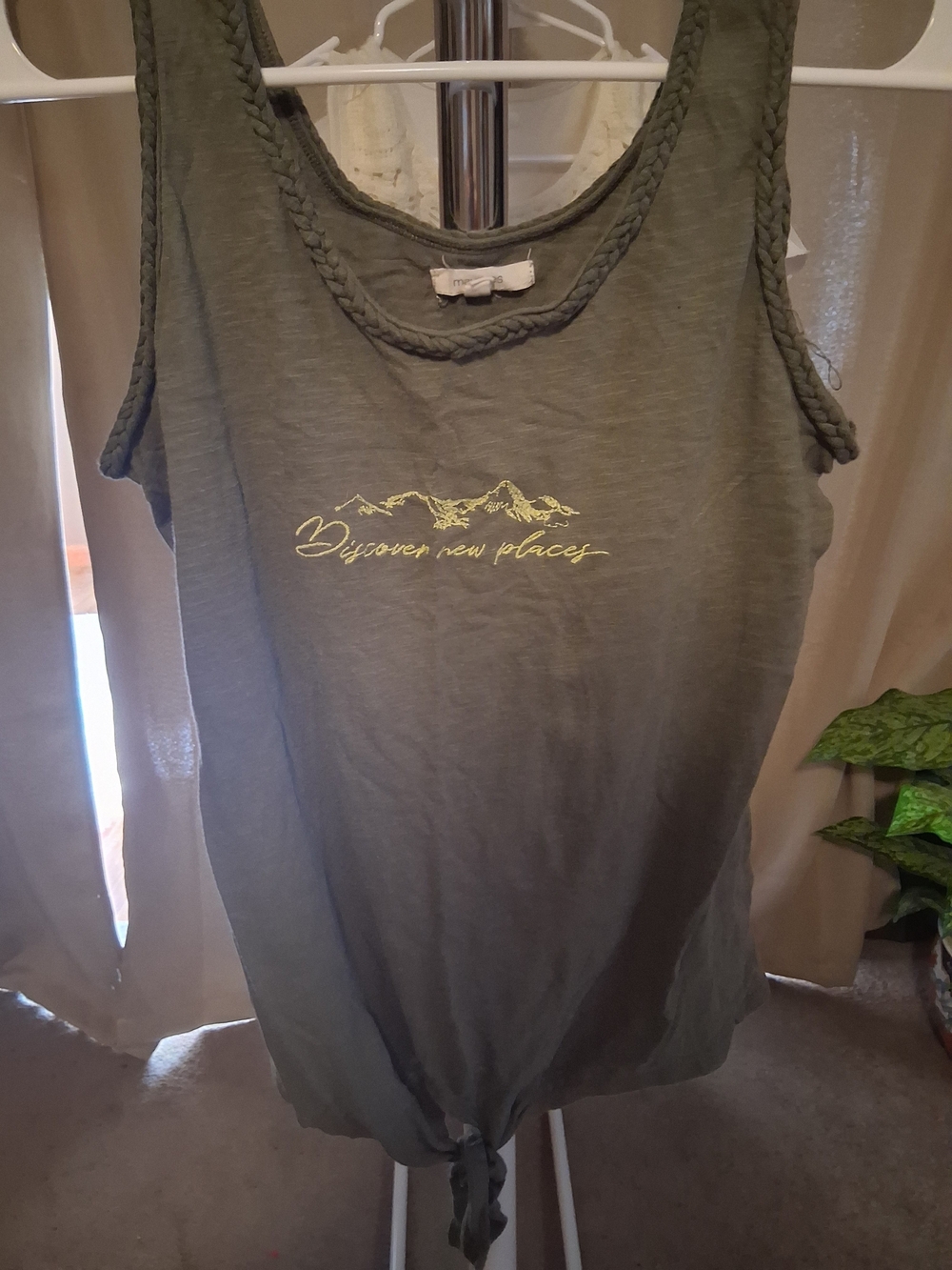 Maurices Olive Green Braided-Trim Tie-Front Tank with Mountain Script
